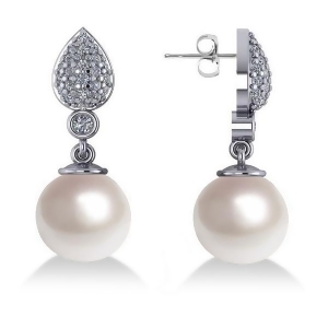 Freshwater Pearl and Diamond Dangling Earrings 14k White Gold 10mm 0.50ct - All