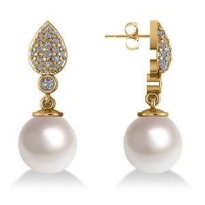 Freshwater Pearl and Diamond Dangling Earrings 14k Yellow Gold 10mm 0.50ct - All