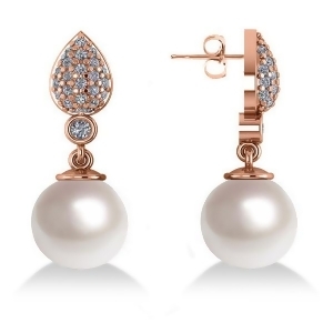 Freshwater Pearl and Diamond Dangling Earrings 14k Rose Gold 10mm 0.50ct - All