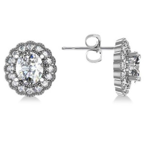Diamond Floral Oval Halo Earrings 14k White Gold 4.96ct - All