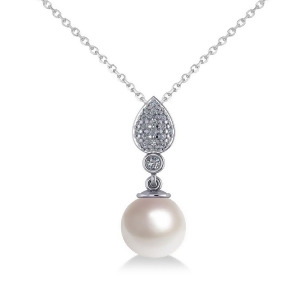 Freshwater Pearl and Diamond Drop Pendant 14k White Gold 10mm 0.25ct - All
