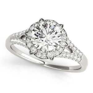 Diamond Halo Floral Split Shank Engagement Ring 18k White Gold 0.96ct - All