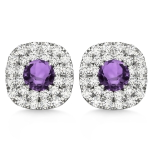 Double Halo Amethyst and Diamond Earrings 14k White Gold 1.36ct - All