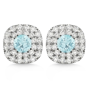 Double Halo Aquamarine and Diamond Earrings 14k White Gold 1.36ct - All