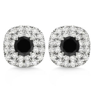 Double Halo Black Diamond and Diamond Earrings 14k White Gold 1.36ct - All