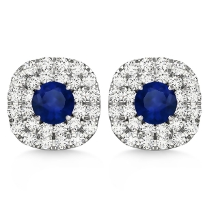 Double Halo Blue Sapphire and Diamond Earrings 14k White Gold 1.36ct - All