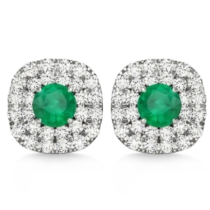 Double Halo Emerald and Diamond Earrings 14k White Gold 1.36ct - All