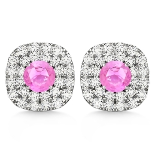 Double Halo Pink Sapphire and Diamond Earrings 14k White Gold 1.36ct - All