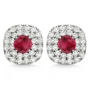 Double Halo Ruby and Diamond Earrings 14k White Gold 1.36ct - All