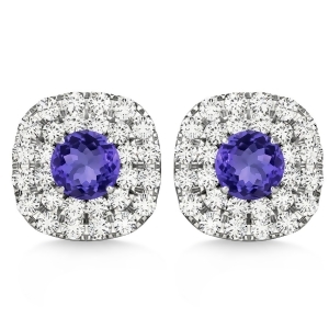 Double Halo Tanzanite and Diamond Earrings 14k White Gold 1.36ct - All