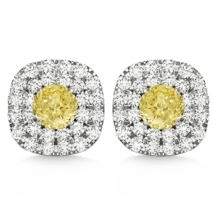 Double Halo Yellow and White Diamond Earrings 14k White Gold 1.36ct - All
