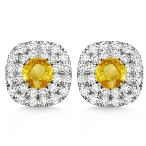 Double Halo Yellow Sapphire and Diamond Earrings 14k White Gold 1.36ct - All