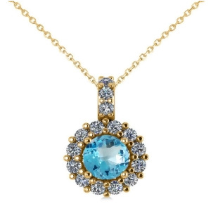 Round Blue Topaz and Diamond Halo Pendant Necklace 14k Yellow Gold 0.86ct - All