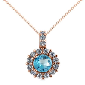 Round Blue Topaz and Diamond Halo Pendant Necklace 14k Rose Gold 0.86ct - All