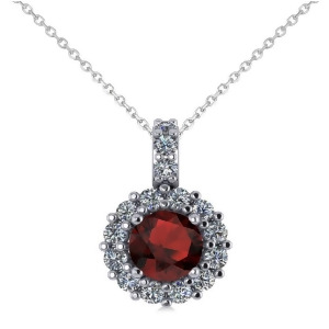 Round Garnet and Diamond Halo Pendant Necklace 14k White Gold 0.90ct - All