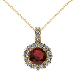 Round Garnet and Diamond Halo Pendant Necklace 14k Yellow Gold 0.90ct - All