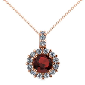 Round Garnet and Diamond Halo Pendant Necklace 14k Rose Gold 0.90ct - All