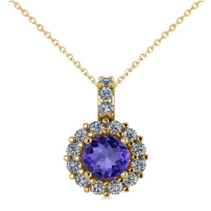 Round Tanzanite and Diamond Halo Pendant Necklace 14k Yellow Gold 0.90ct - All
