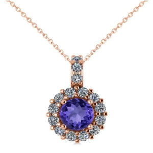 Round Tanzanite and Diamond Halo Pendant Necklace 14k Rose Gold 0.90ct - All