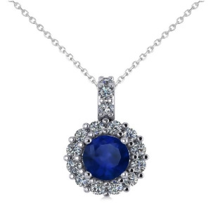 Round Blue Sapphire and Diamond Halo Pendant Necklace 14k White Gold 0.90ct - All