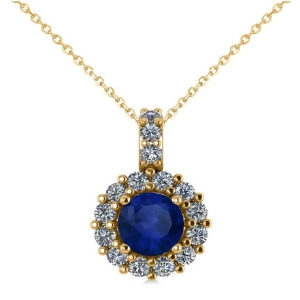Round Blue Sapphire and Diamond Halo Pendant Necklace 14k Yellow Gold 0.90ct - All