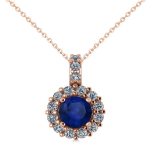 Round Blue Sapphire and Diamond Halo Pendant Necklace 14k Rose Gold 0.90ct - All