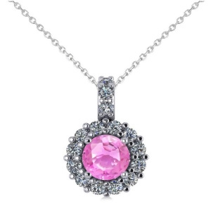 Round Pink Sapphire and Diamond Halo Pendant Necklace 14k White Gold 0.90ct - All