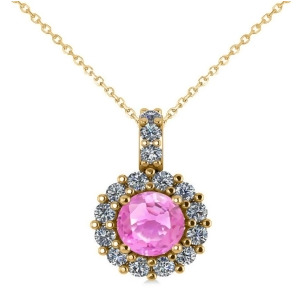 Round Pink Sapphire and Diamond Halo Pendant Necklace 14k Yellow Gold 0.90ct - All