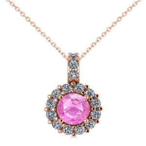 Round Pink Sapphire and Diamond Halo Pendant Necklace 14k Rose Gold 0.90ct - All