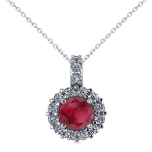 Round Ruby and Diamond Halo Pendant Necklace 14k White Gold 0.90ct - All