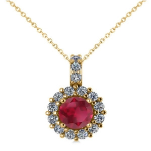 Round Ruby and Diamond Halo Pendant Necklace 14k Yellow Gold 0.90ct - All