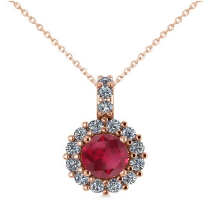Round Ruby and Diamond Halo Pendant Necklace 14k Rose Gold 0.90ct - All