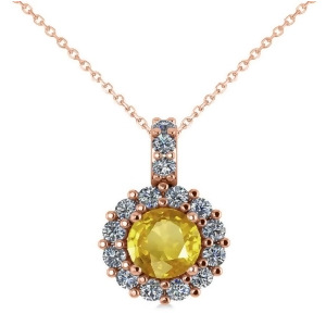 Round Yellow Sapphire and Diamond Halo Pendant Necklace 14k Rose Gold 0.90ct - All