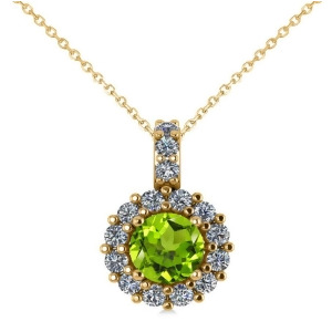Round Peridot and Diamond Halo Pendant Necklace 14k Yellow Gold 0.80ct - All