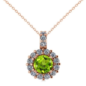 Round Peridot and Diamond Halo Pendant Necklace 14k Rose Gold 0.80ct - All