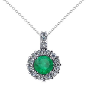 Round Emerald and Diamond Halo Pendant Necklace 14k White Gold 0.78ct - All
