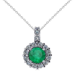 Round Emerald and Diamond Halo Pendant Necklace 14k White Gold 0.78ct - All