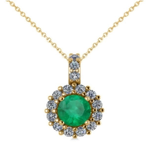 Round Emerald and Diamond Halo Pendant Necklace 14k Yellow Gold 0.78ct - All