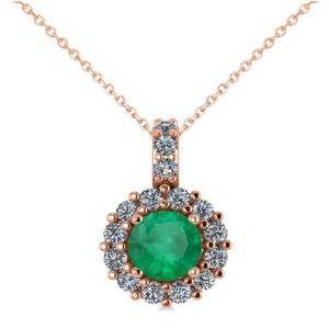 Round Emerald and Diamond Halo Pendant Necklace 14k Rose Gold 0.78ct - All