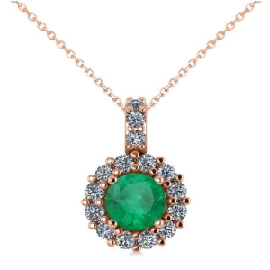 Round Emerald and Diamond Halo Pendant Necklace 14k Rose Gold 0.78ct - All