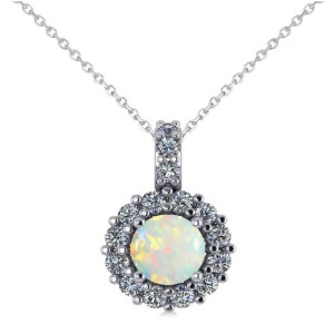 Round Opal and Diamond Halo Pendant Necklace 14k White Gold 0.64ct - All