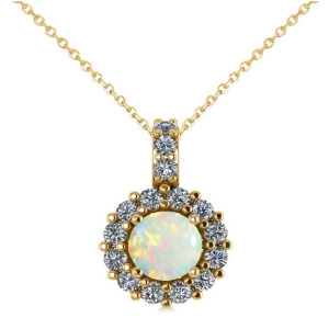 Round Opal and Diamond Halo Pendant Necklace 14k Yellow Gold 0.64ct - All