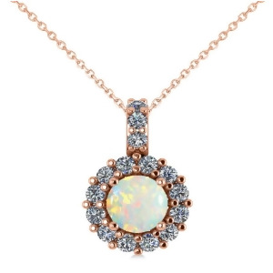 Round Opal and Diamond Halo Pendant Necklace 14k Rose Gold 0.64ct - All