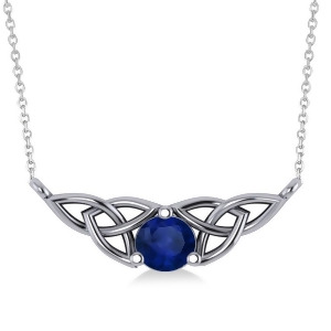 Celtic Round Blue Sapphire Pendant Necklace 14k White Gold 0.60ct - All