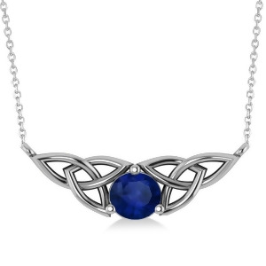 Celtic Round Blue Sapphire Pendant Necklace 14k White Gold 1.30ct - All