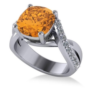 Twisted Cushion Citrine Engagement Ring 14k White Gold 4.16ct - All