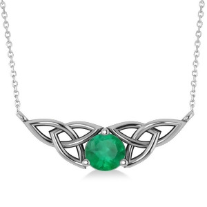 Celtic Round Emerald Pendant Necklace 14k White Gold 1.16ct - All