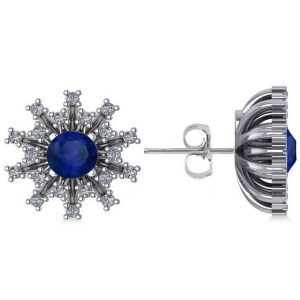 Blue Sapphire and Diamond Sunburst Earrings 14k White Gold 1.60ct - All