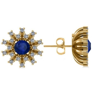Blue Sapphire and Diamond Sunburst Earrings 14k Yellow Gold 1.60ct - All