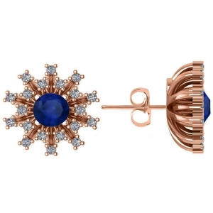 Blue Sapphire and Diamond Sunburst Earrings 14k Rose Gold 1.60ct - All